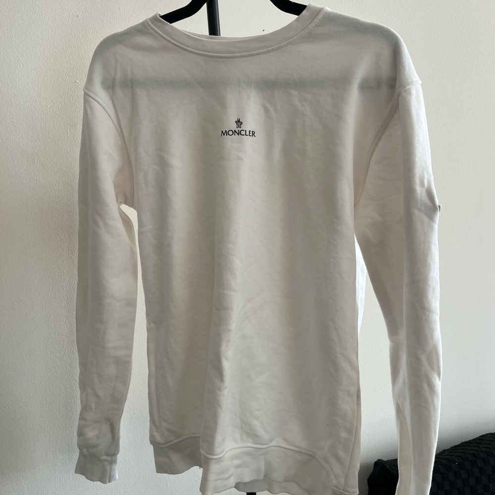 Moncler White Crewneck with Tricolor Neck Trim S/M